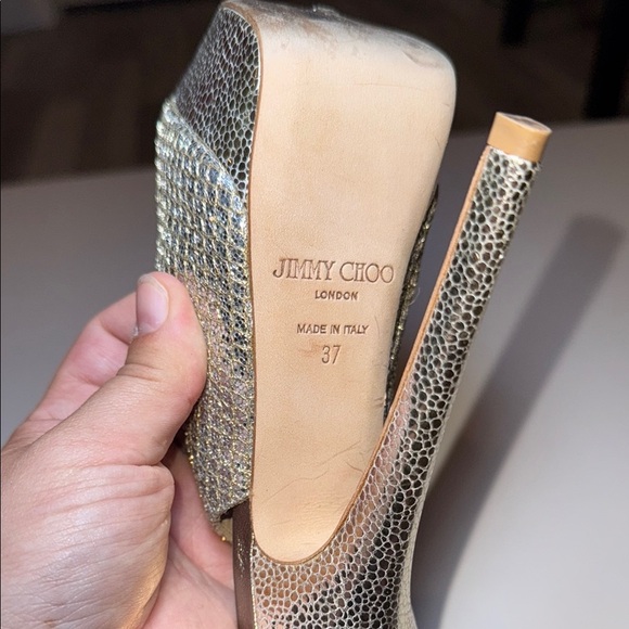 Jimmy Choo Glitter Fabric Champagne Peep Toe Sling Back Heel Size 37 Authentic - Picture 13 of 16